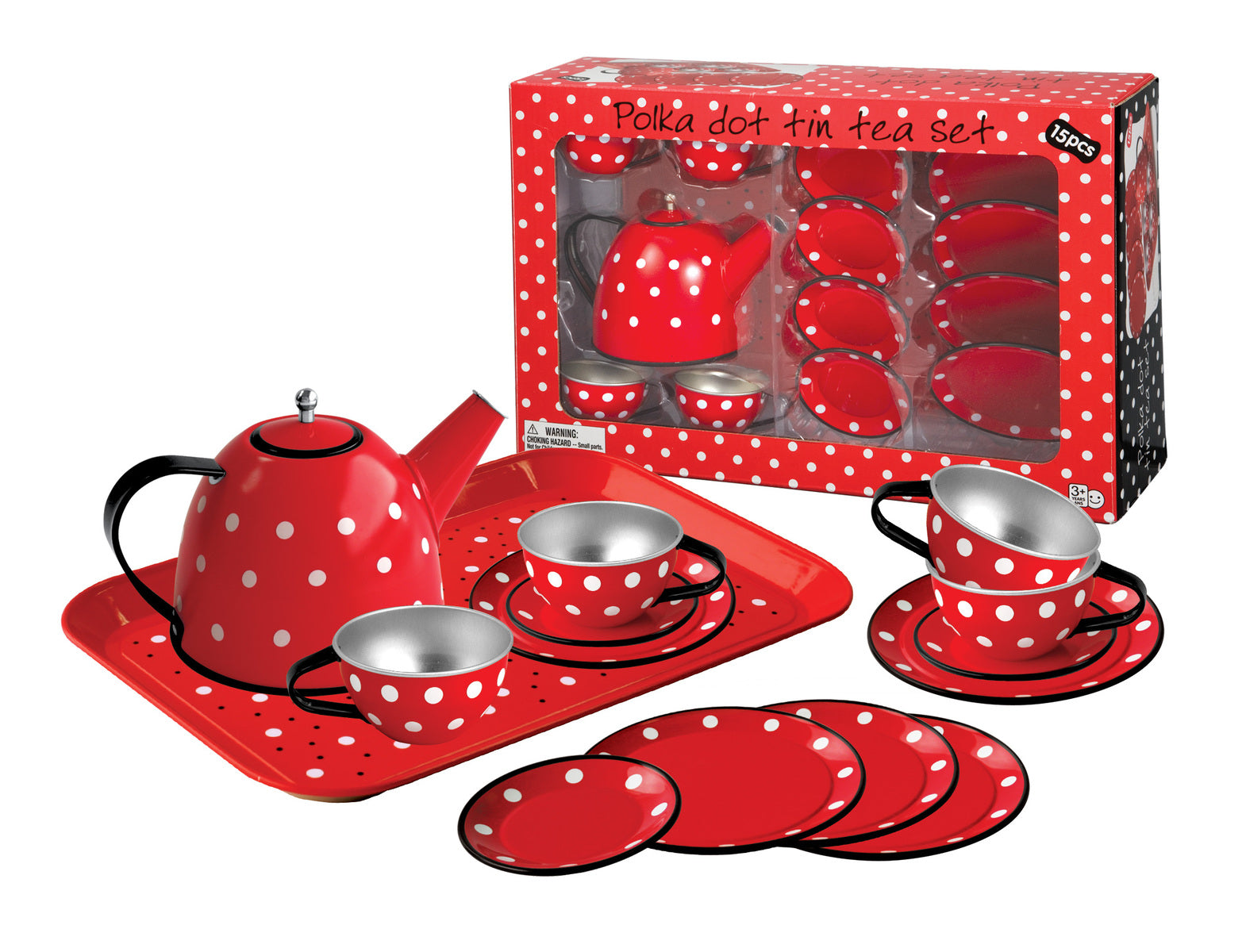 RED POLKA DOT BLACK TRIM TIN TEA SET 15PCS